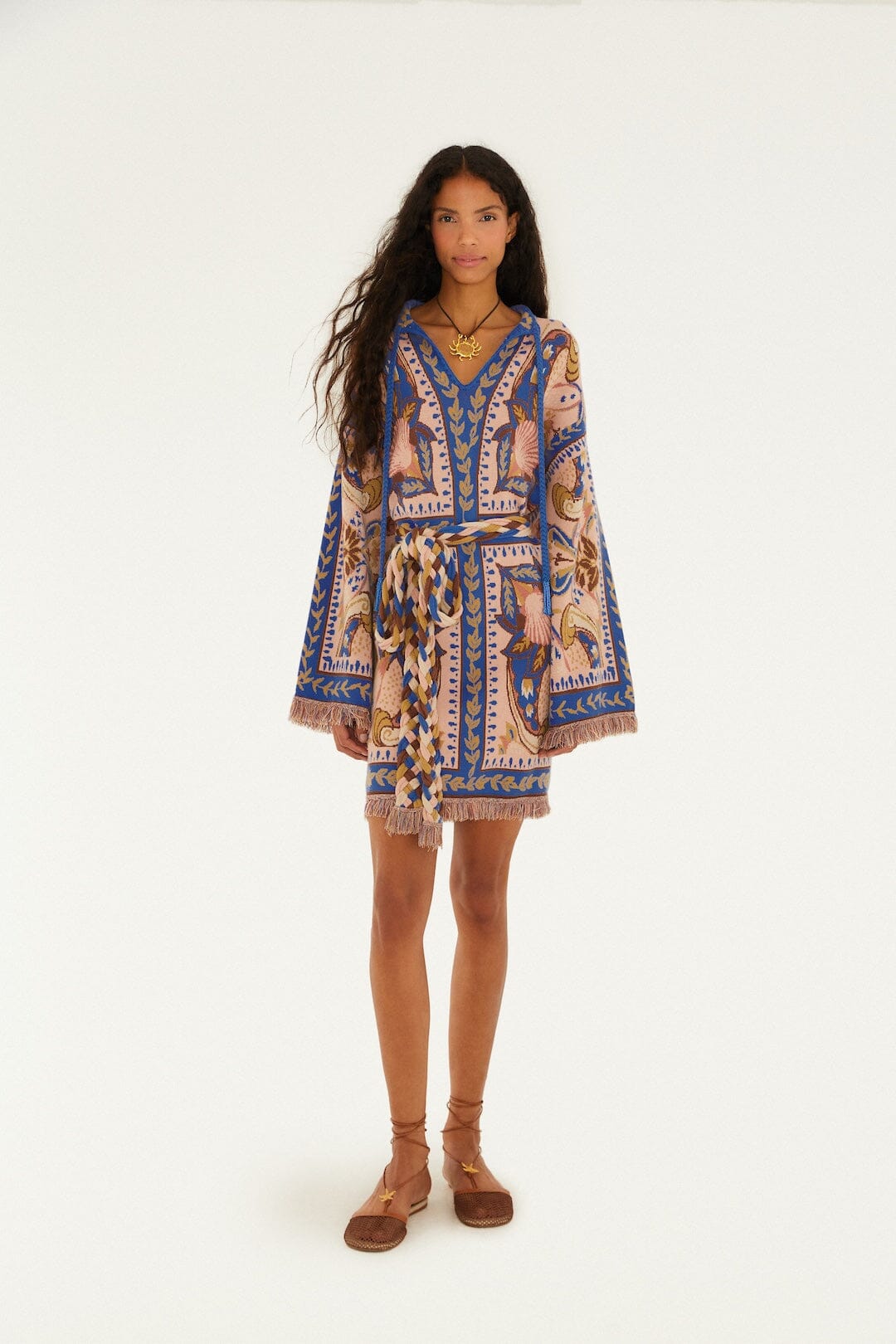 Blue Sea Garden Scarf Tassels Knit Mini Dress