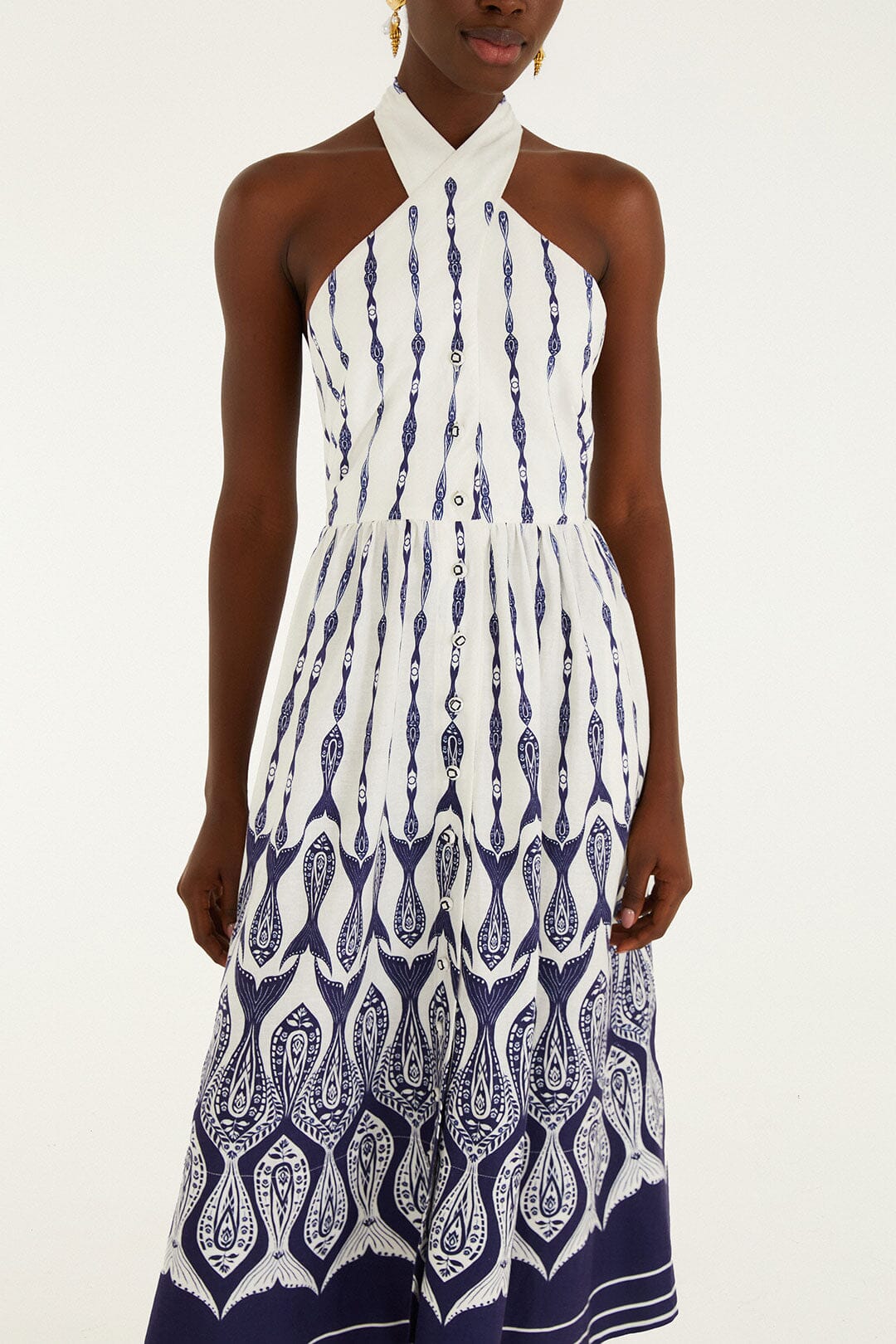 Off-White Fishes Flow Halter Neck Lenzing Ecovero Euroflax Midi Dress