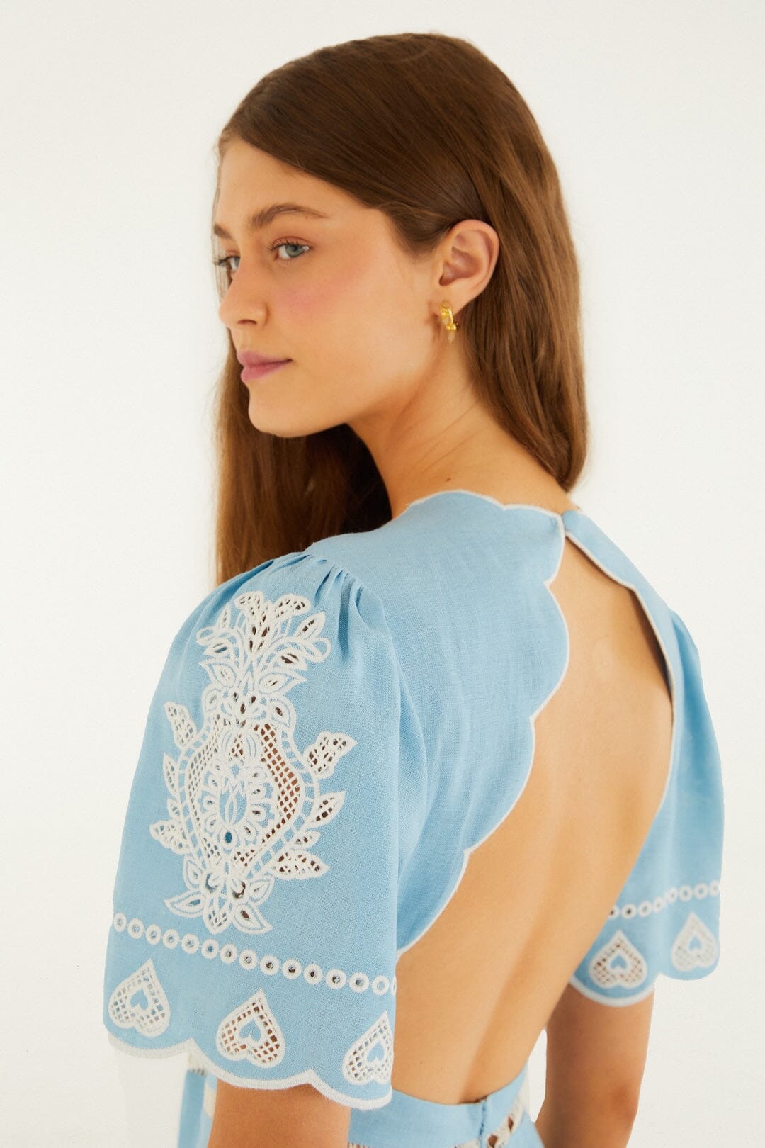 Light Blue Embroidered Euroflax™ Premium Linene Midi Dress