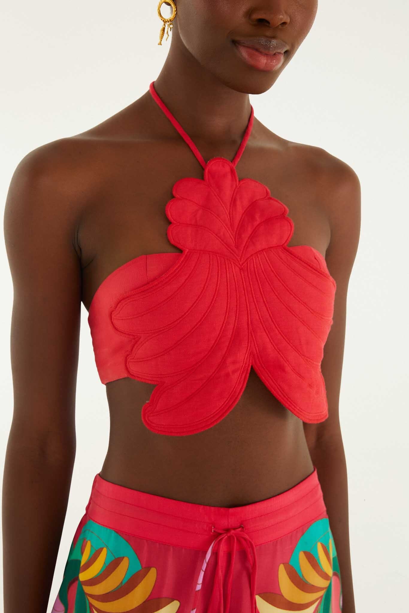 Red 3d Shell Halter Neck Crop Top